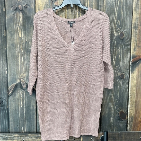 NWT Express Knit Top M Rose Gold Sparkly Glitter Metallic Tunic Length Relaxed - Picture 1 of 12